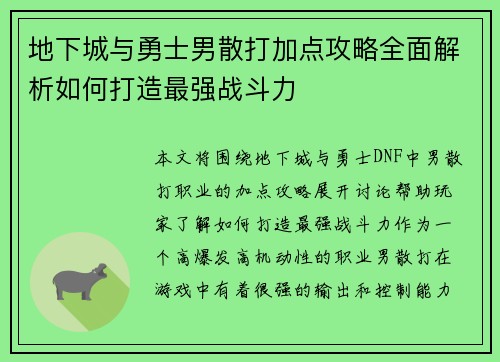 地下城与勇士男散打加点攻略全面解析如何打造最强战斗力