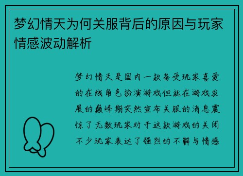 梦幻情天为何关服背后的原因与玩家情感波动解析